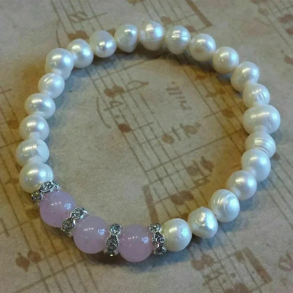 Genuine Cultured White Freshwater Pearls Pink Rose Quartz Stretch Bracelet - Picture 1 of 1